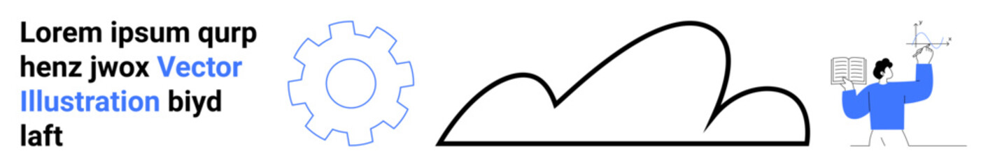 Cloud shape with gear symbol and individual holding device portraying innovation, technology, connectivity, data, cloud computing, science, communication. Ideal for tech platform, simple landing page