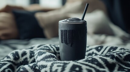 A charcoal milkshake on monochrome patterned blanket in a modern studio