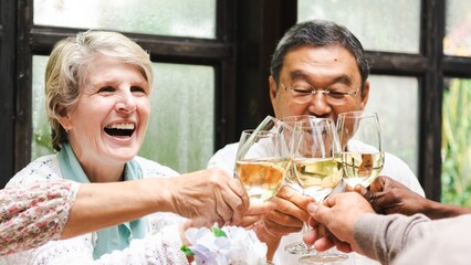 Group of senior enjoying a meal, toasting with wine. Diverse seniors, happy and smiling, sharing a joyful moment. Celebrating together, enjoying life. Group of happy senior people are toasting.