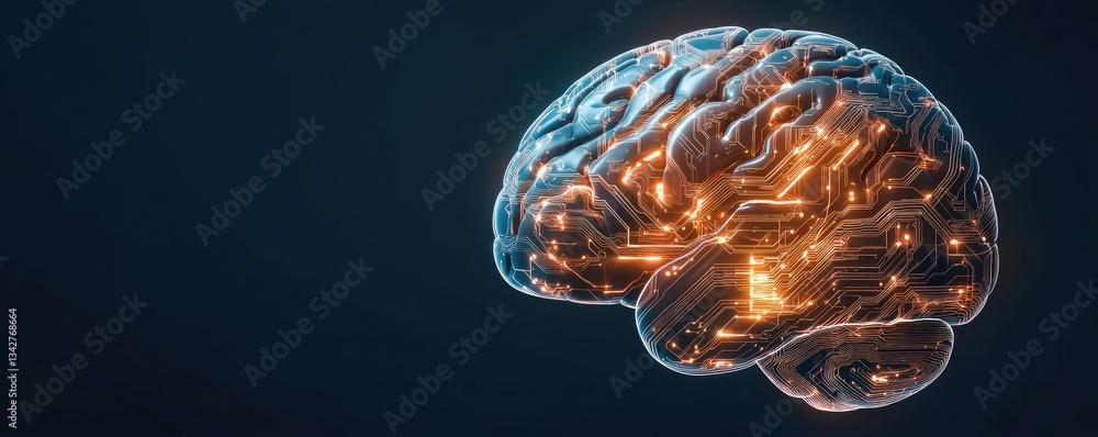 Poster artificial intelligence cyberspace and data network concept. futuristic brain with glowing circuits 
