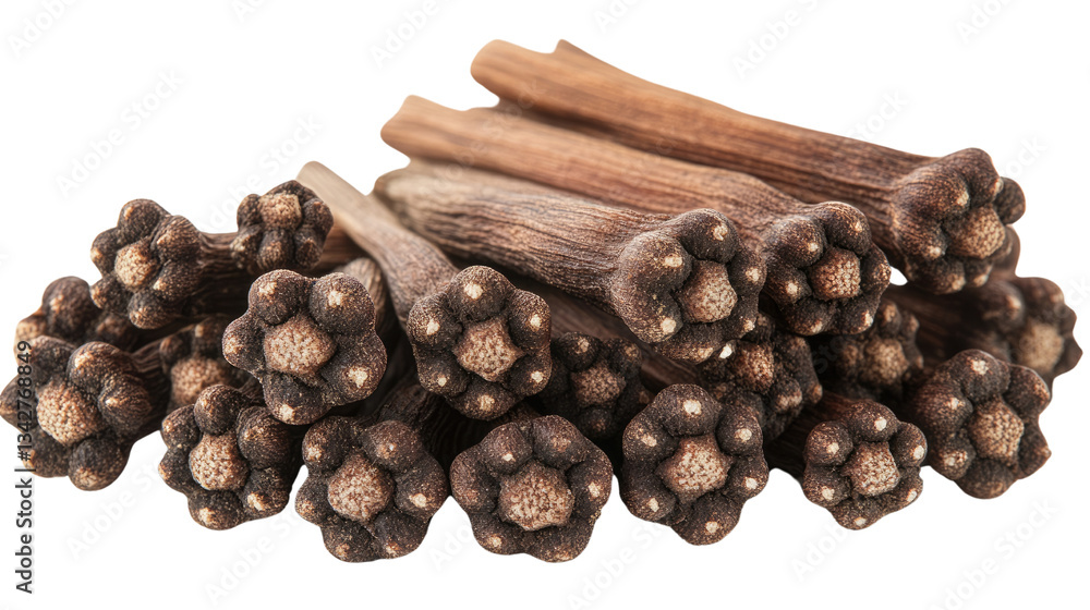 Poster cloves: a close-up shot captures a pile of aromatic cloves, the warm brown color and intricate textu