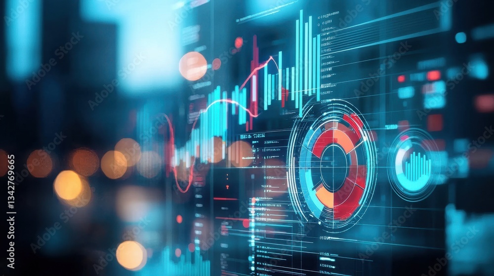 Poster abstract data visualization with charts and graphs on digital screen