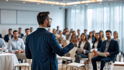 Confident businessman giving a presentation in front of crowd in meeting conference seminar room. Leadership authority teamwork in business concept