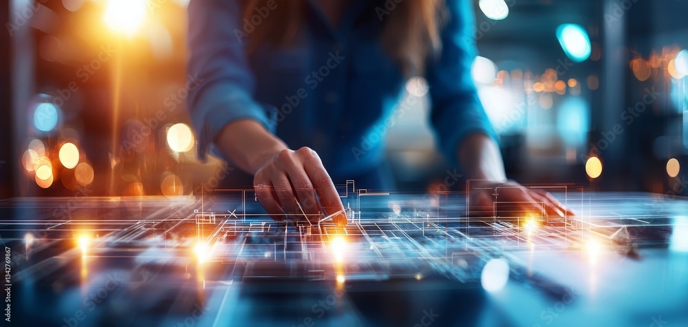 Poster a person interacts with a digital interface, illustrating technology and innovation through glowing 