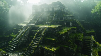 Obraz premium Ancient Mayan Ruins shrouded in mystical morning mist, a breathtaking glimpse into the past. The lush green vegetation clings to the weathered stone, creating an ethereal atmosphere.