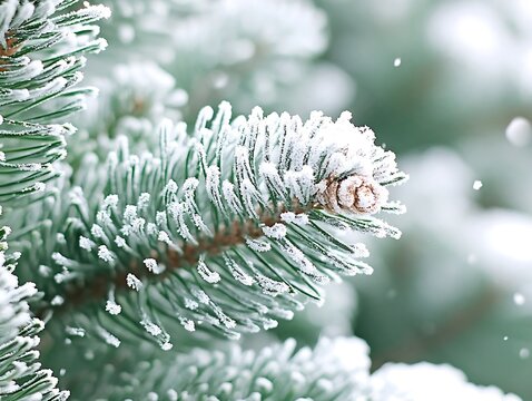 Snowy pine branch close-up in winter background
