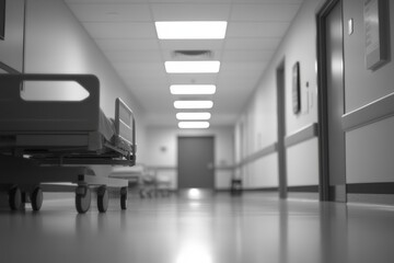 Obraz premium Empty hospital hallway with bed, medical, sterile, quiet
