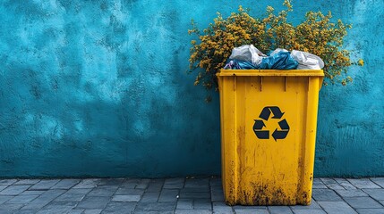 A yellow recycling bin, overflowing with bags, promotes waste management and eco practices against a blue wall
