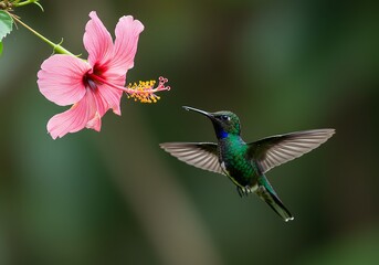 Hummingbird Flying to Pink Hibiscus Flower in Tropical Garden Scene