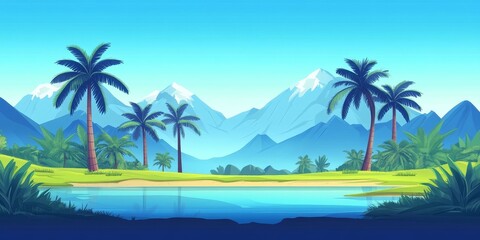 Tropical paradise landscape, mountains, river, palm trees