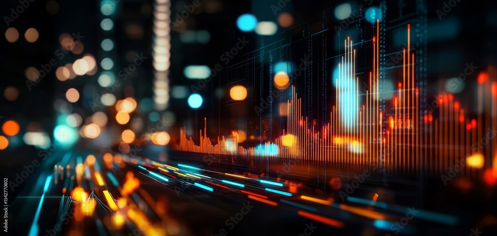 Poster a vibrant, abstract cityscape featuring colorful lights and digital data visualizations, creating a 