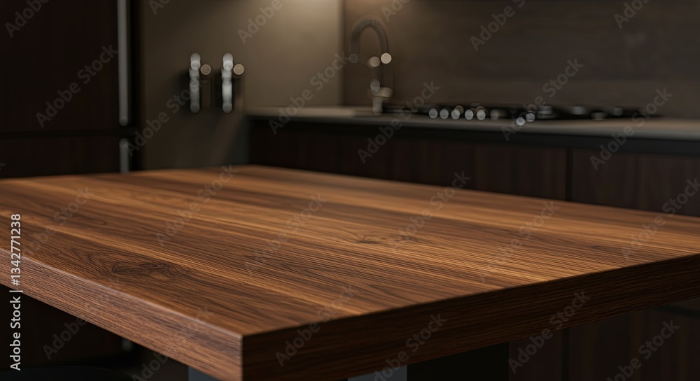Poster a wooden table with a sink in the background