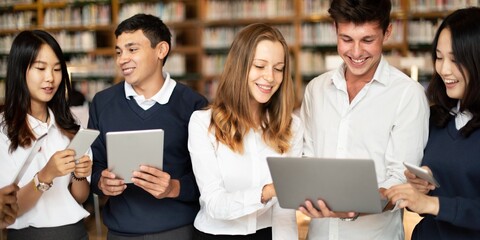 Diverse group of students in a library using tablets. Students engaged with technology. Diverse students learning with tablets in library. Diverse young men and women students using tablet in library