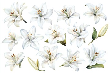Set of watercolor delicate white lilies hand drawn on white background