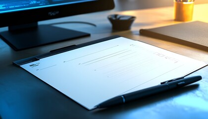 Business Office Desk with Pen, Notebook, and Laptop for Work