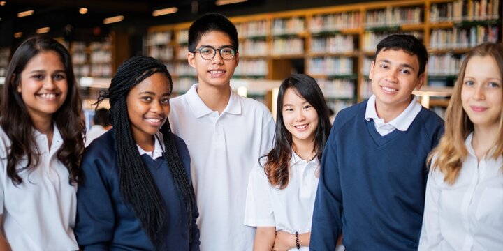 Group of diverse students in a library, wearing uniforms, smiling. Students in a library setting, diverse group, wearing uniforms, happy expressions. Diverse students in library, education concept.