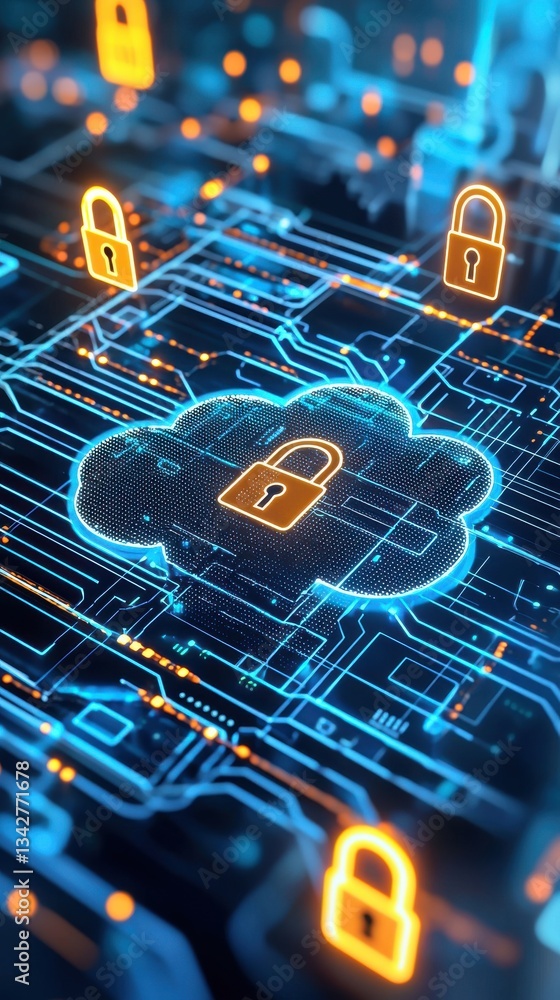Poster digital cloud security concept with locks and circuit board design
