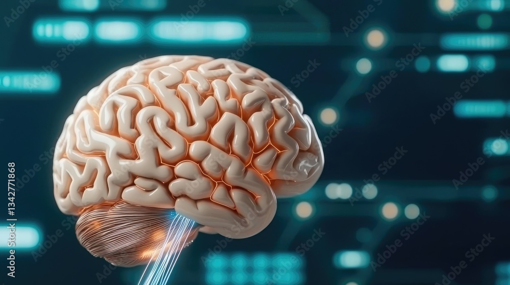 Poster artificial intelligence brain network and database concept. detailed view of a human brain in a digi