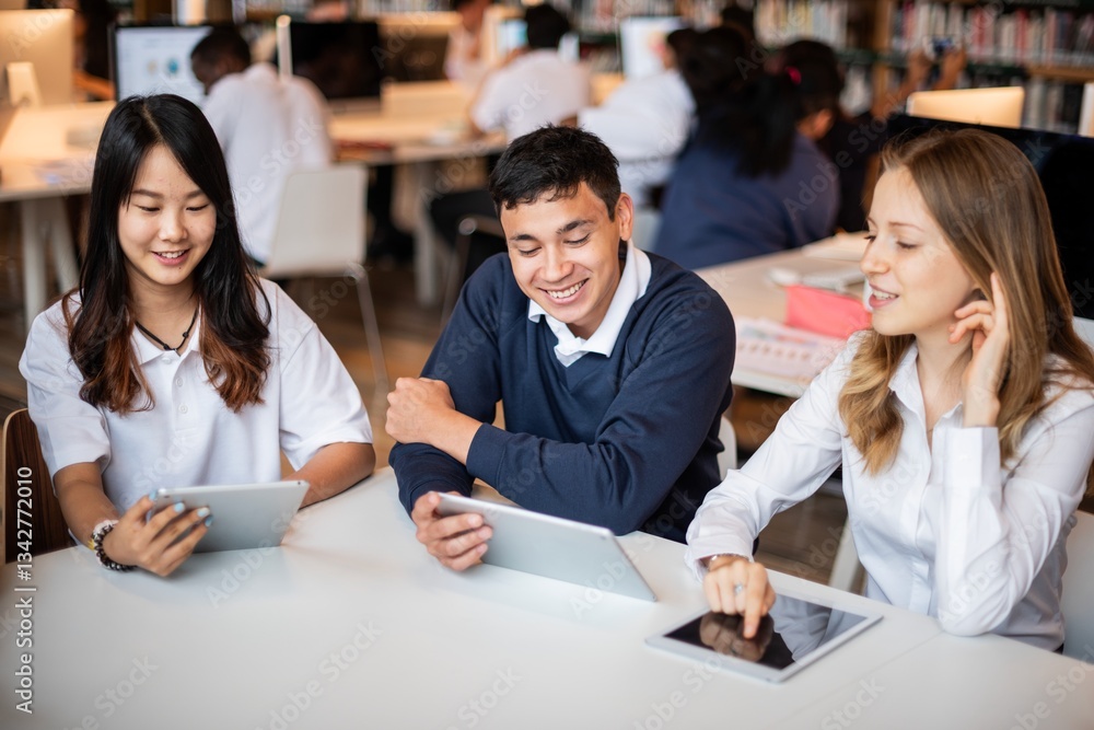 Aufkleber Students studying together in a library, using tablets. Diverse group of young adults collaborating and engaging with technology in an academic setting. Diverse high school students at library.