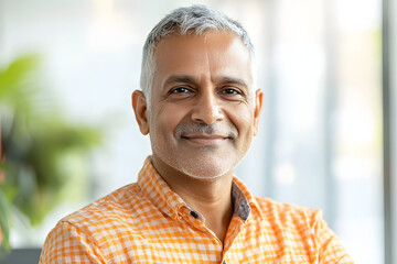 Portrait of a handsome Indian man looking at the camera, isolated on a white background. Close-up view of an attractive young Indian male employee standing in an office room, Generative AI.