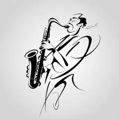 Abstract sketch of jazz performer with saxophone in expressive line design