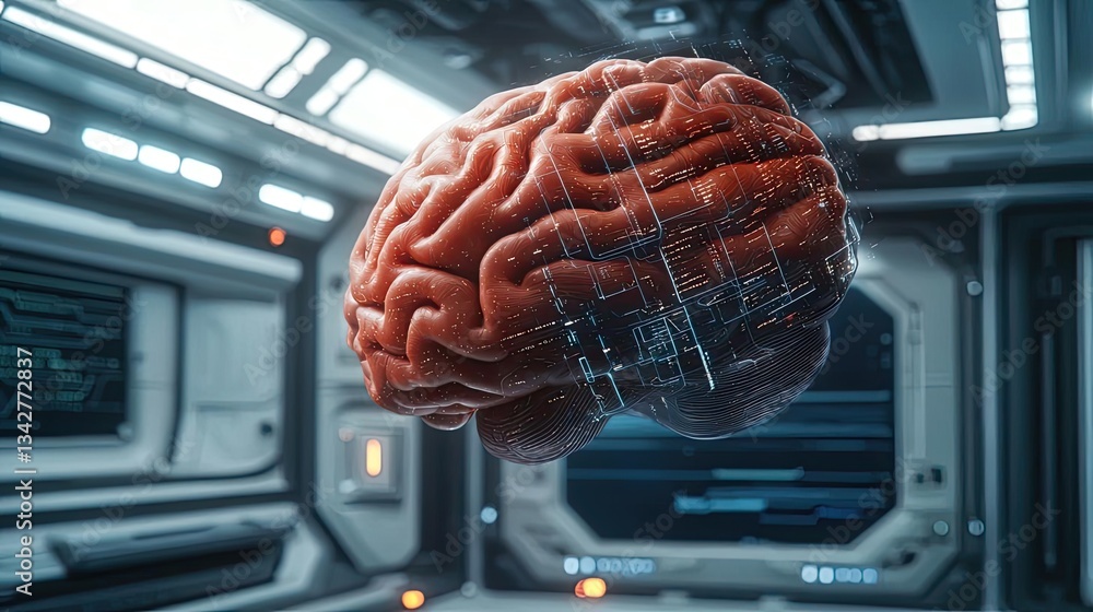 Poster artificial intelligence cyberspace and data network concept. futuristic depiction of a brain in a te