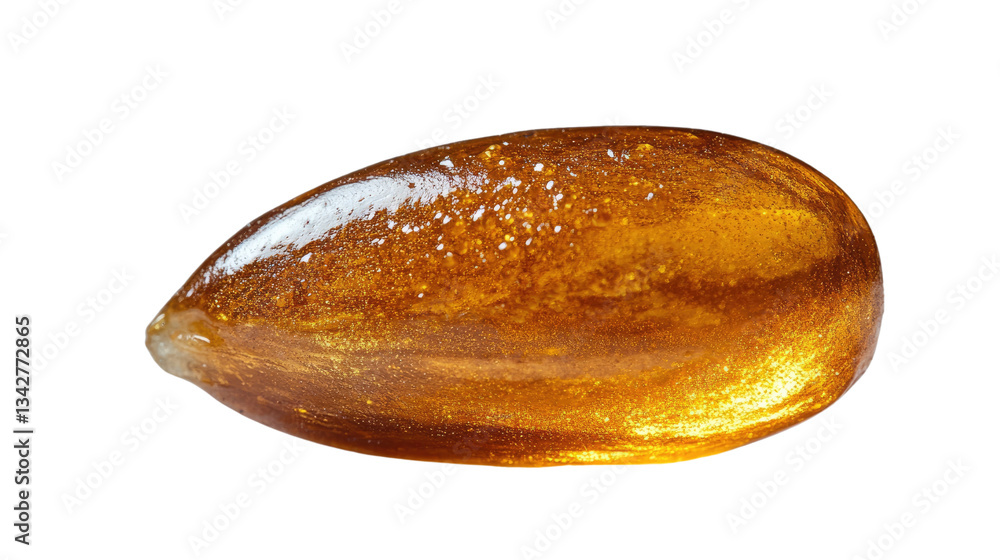 Poster golden almond kernel: a close-up of a single, glistening almond kernel, its smooth surface reflectin