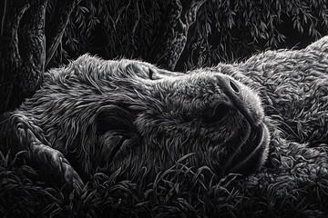 Bear resting in forest, sleeping peacefully