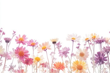 Pastel flowers in a field against white