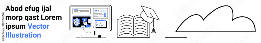 Poster computer screen displaying learning materials, open book with a graduation cap, and cloud icon. idea