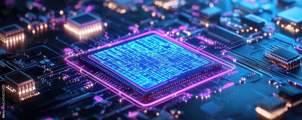 Poster artificial intelligence brain network and database concept. futuristic microchip with vibrant neon l