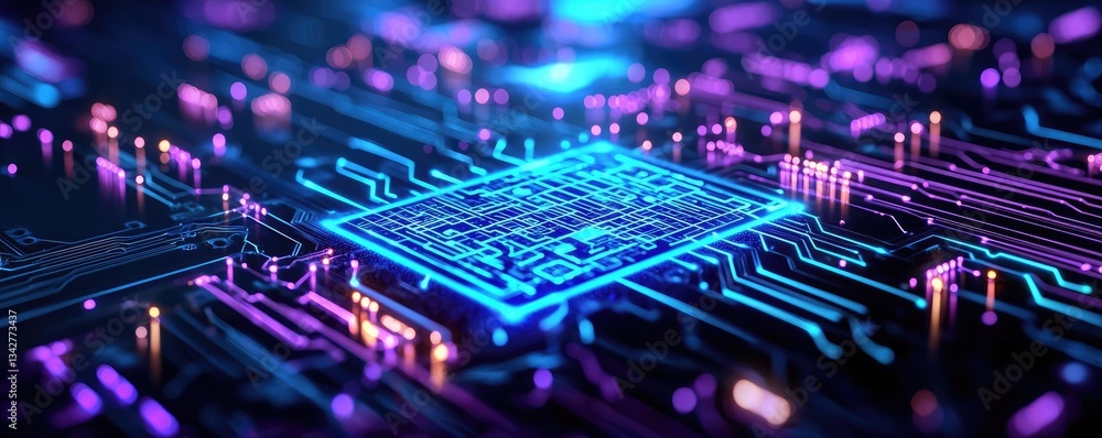 Aufkleber artificial intelligence brain network and database concept. vibrant close-up of a futuristic microch