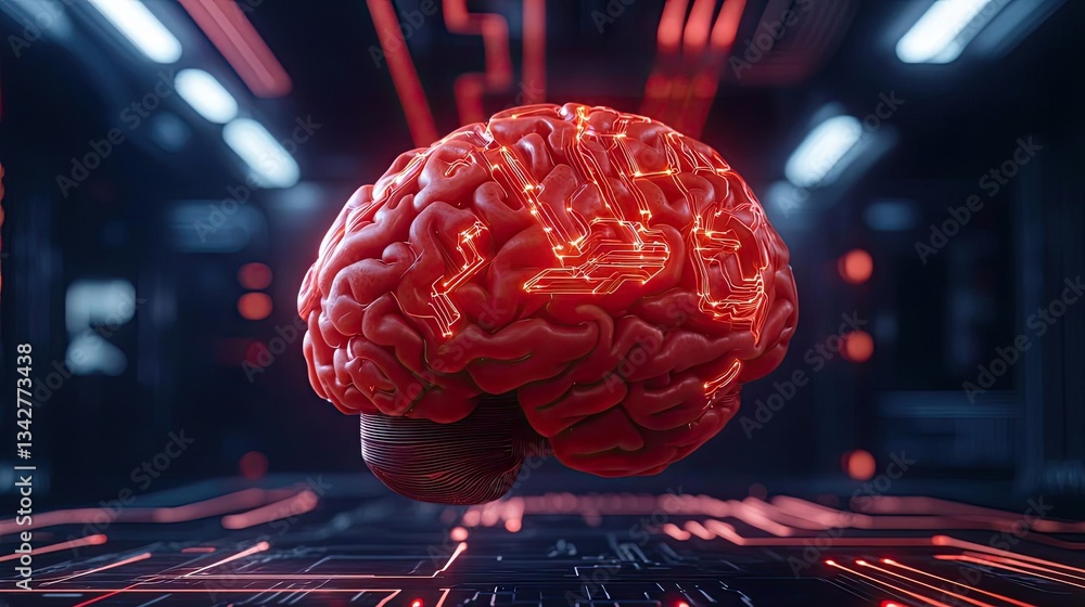 Poster artificial intelligence computing and brain network concept. a vibrant digital brain illustration in