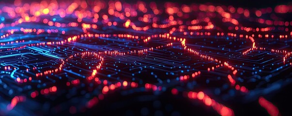 Artificial intelligence computing and brain network concept. Abstract digital circuit board with glowing lights and patterns.