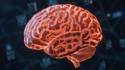 Artificial intelligence brain network and database concept. A digitally rendered brain showcasing neural networks in vivid color.