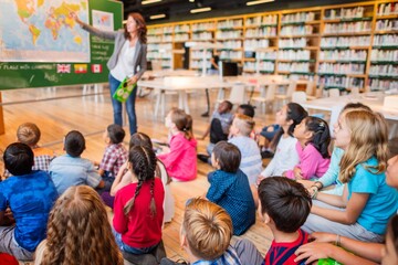 A diverse group of children in a library classroom, listening to a female teacher pointing at a map. Kids seated on the floor, engaged in learning. Teacher teaching class in library.