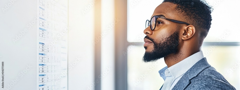 Poster professional man analyzing data on a wall chart in office setting