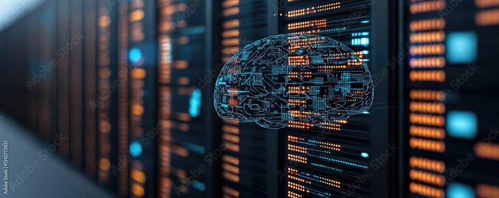 Poster artificial intelligence brain network and database concept. futuristic server room with a digital br
