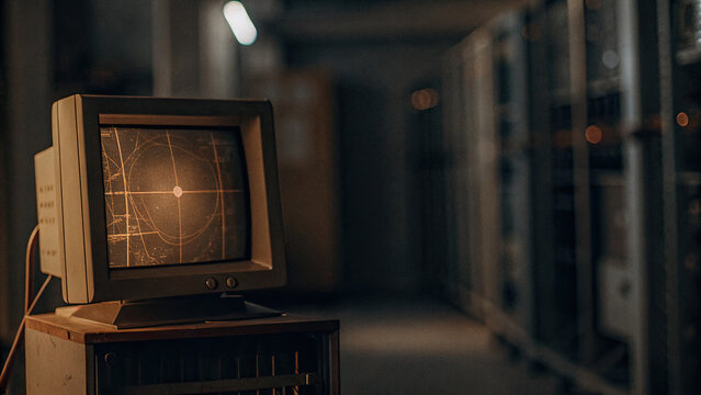 Abstract data patterns on glowing computer monitor in dimly lit room, symbolizing surveillance and data collection, with faint outlines of server racks in background.