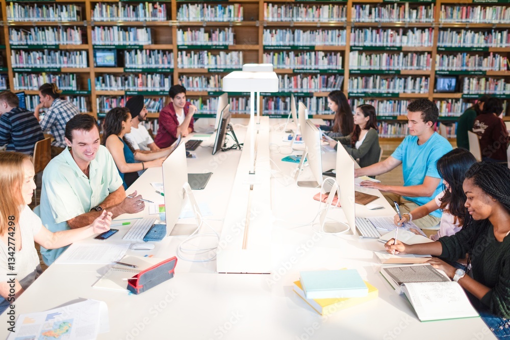 Aufkleber Diverse group of students studying in a library. Students using computers, reading, and writing. Library setting with bookshelves and study tables. International students working on computers.