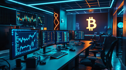 Futuristic Cryptocurrency Exchange Office: Monitors Showing Bitcoin Codes and Blockchain Technology in Action