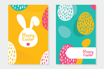 A modern Easter greeting card set with vibrant colors, bunny silhouettes, and stylish typography. Perfect for holiday wishes, invitations, and festive digital designs.