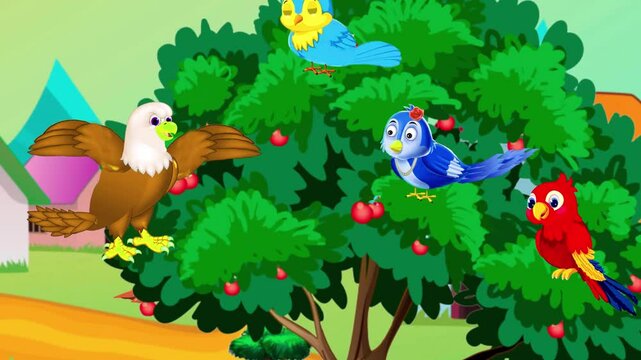 cartoon 2d animation bird cartoon An eagle sitting in a tree talking to birds with beautiful background 