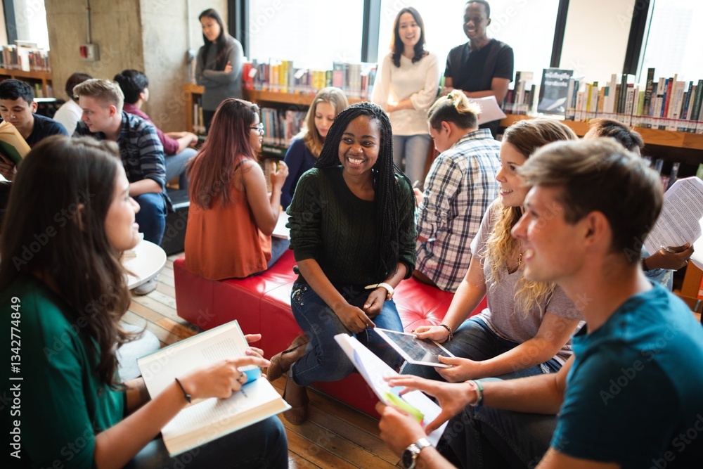 Poster diverse group of young adults studying in a library. students, books, and discussions. engaged in le