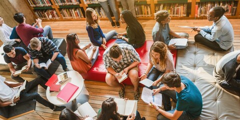 Diverse group of students studying in a library. Students reading, discussing, and collaborating....