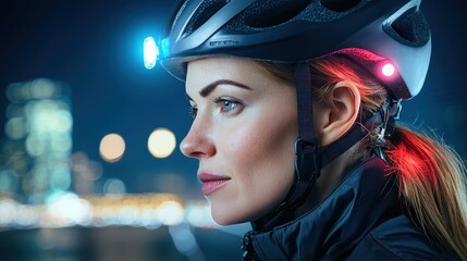 Profile of Woman in Helmet Showing Reflective Safety Lights at Night