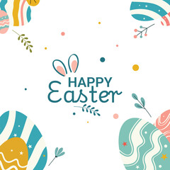 A festive Easter greeting card with pastel-colored eggs, cute bunny ears, and stylish typography. Perfect for holiday wishes, invitations, and digital designs.