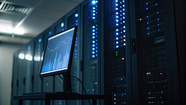 Abstract data patterns on glowing computer monitor in dimly lit room, symbolizing surveillance and data collection, with faint outlines of server racks in background.