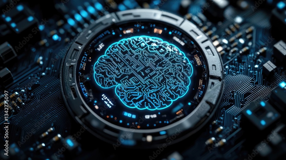 Poster artificial intelligence cyberspace and data network concept. futuristic brain design on a circuit bo