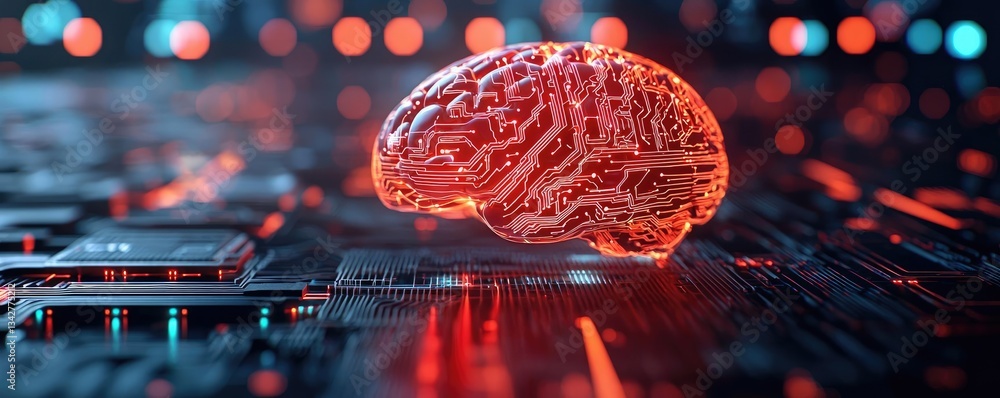 Poster artificial intelligence computing and brain network concept. a digital brain illustration with glowi